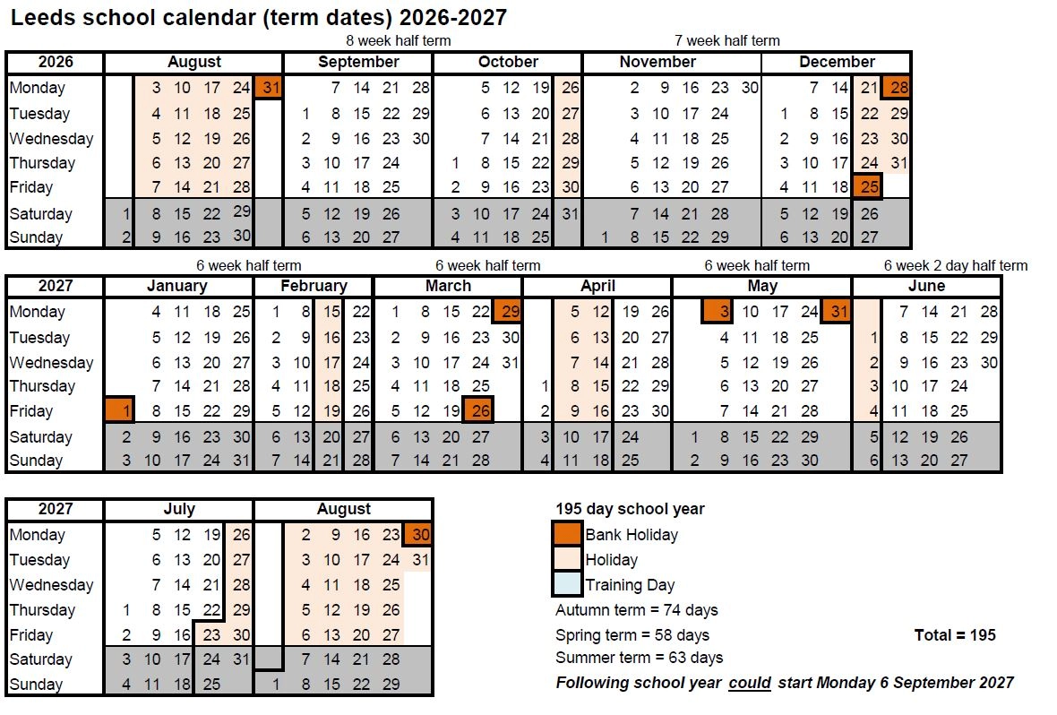 Leeds school calendar 2026-2027