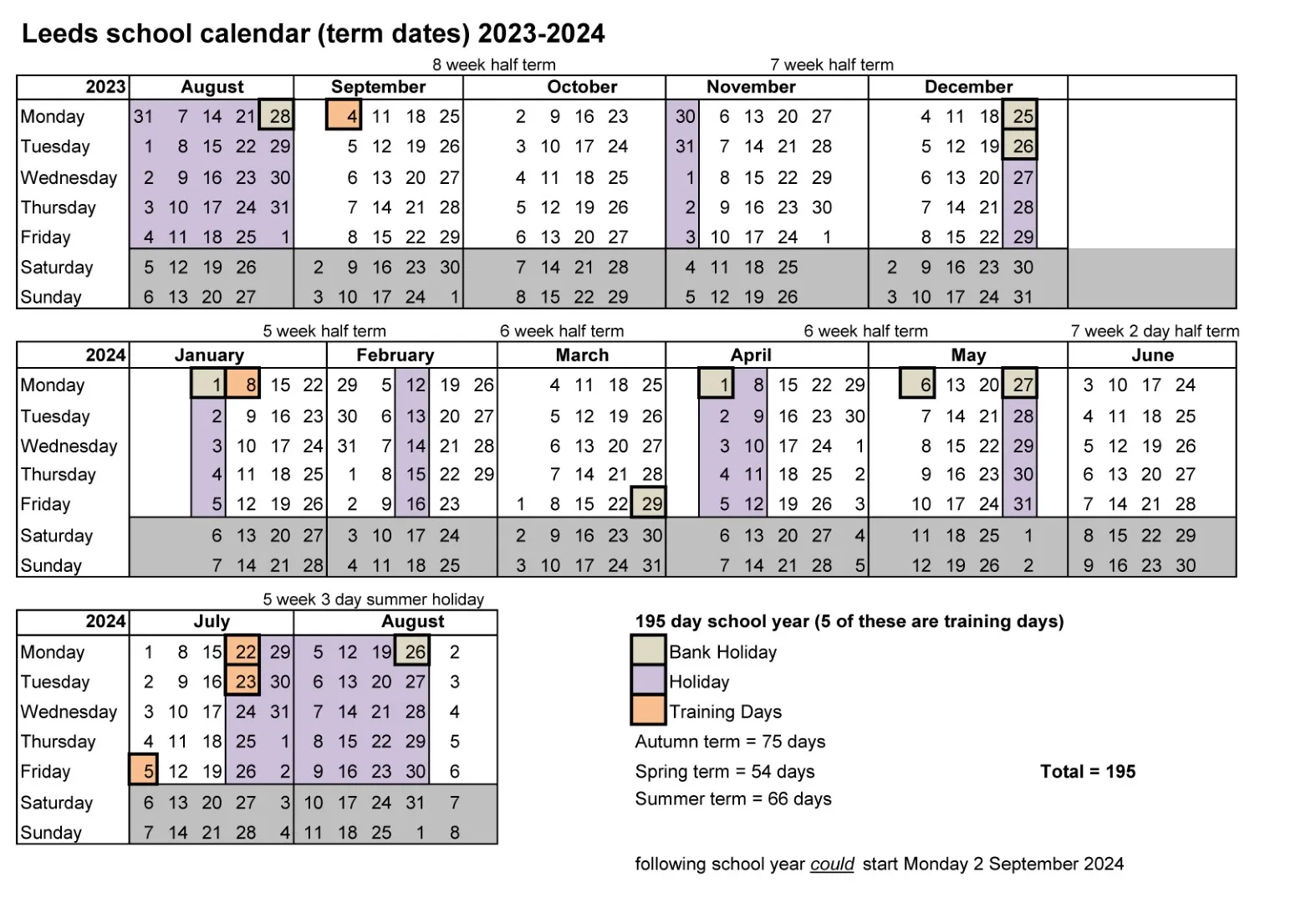 Leeds school calendar 2023-2024 (Custom)